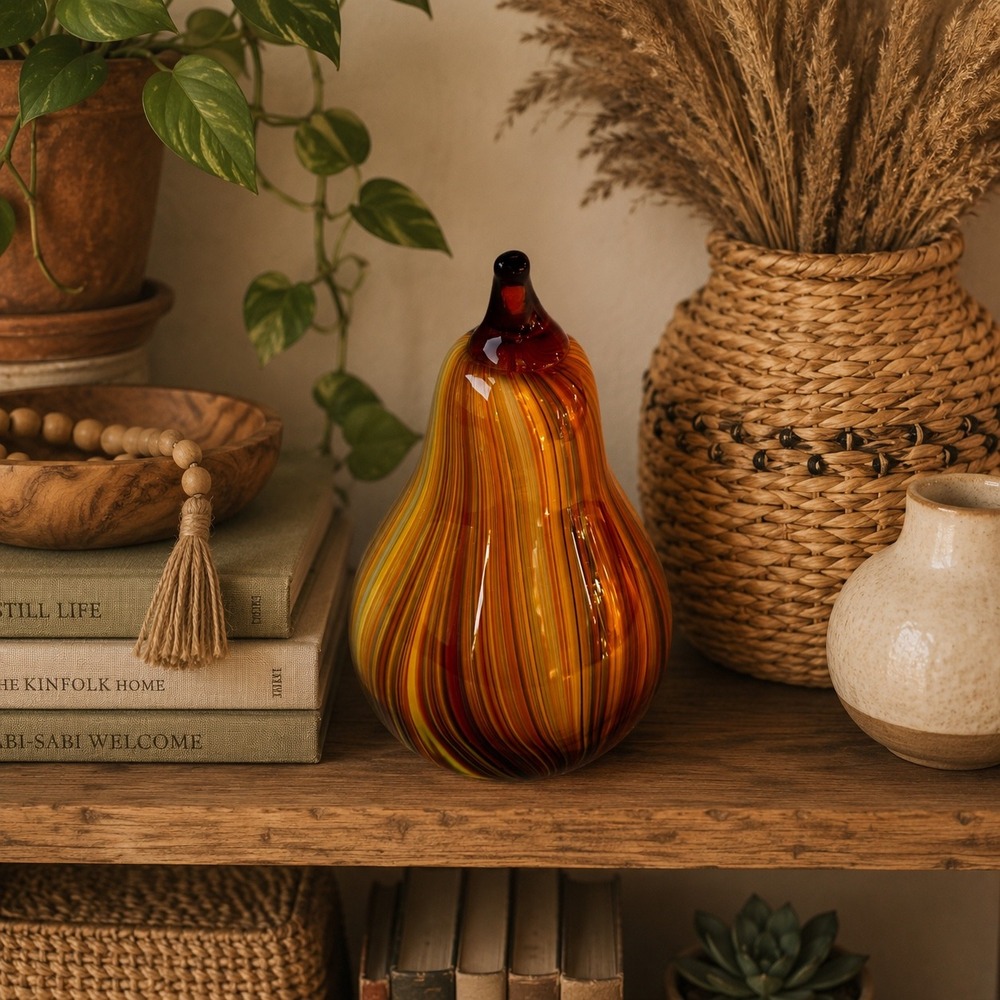 Vintage Hand Blown Art Glass Pear Figurine Amber Orange Striped Swirl